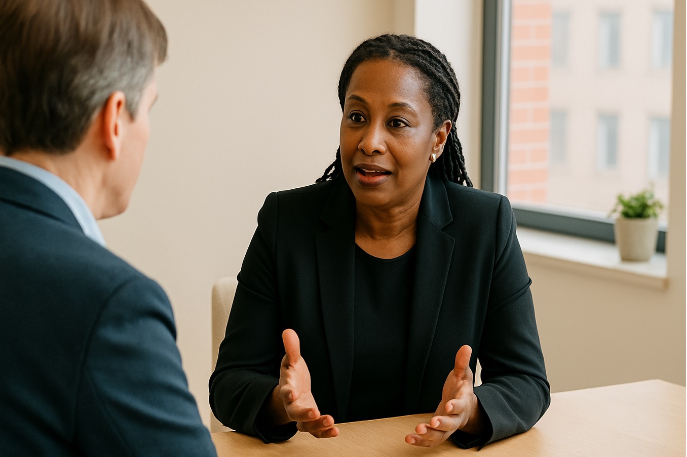 A confident Black British woman in her 50s, dressed in a smart black blazer, is engaged in a thoughtful conversation with a coach in a modern, light-filled office. She gestures with open hands as she speaks, expressing focus and authenticity, while the coach listens attentively. The atmosphere is bright, calm, and professional, reflecting themes of trust, connection, and leadership.